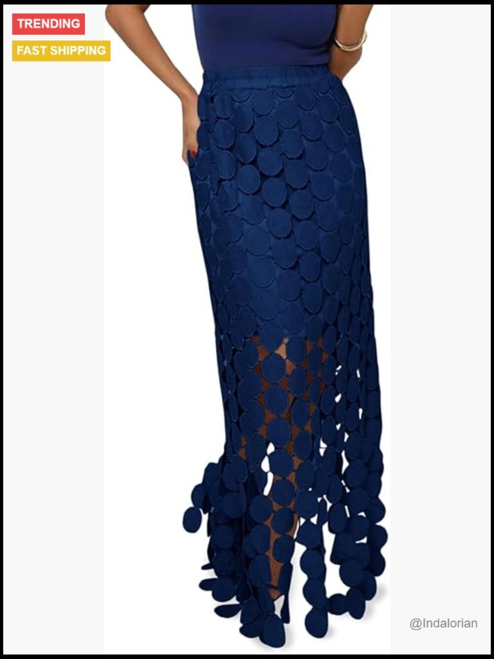 Hollow Out Maxi Skirt High Waisted Boho Fringe Hem Long Skirt